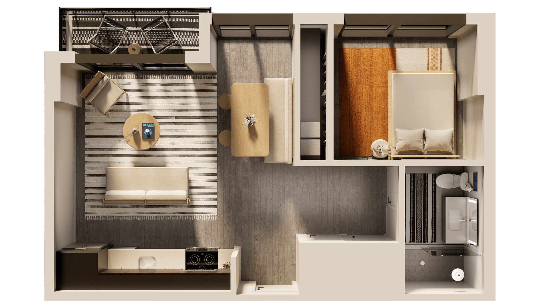 A modern apartment layout with a bedroom